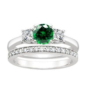 2 pc Green Emerald CZ Stainless Steel Engagement Wedding Anniversary Ring Set